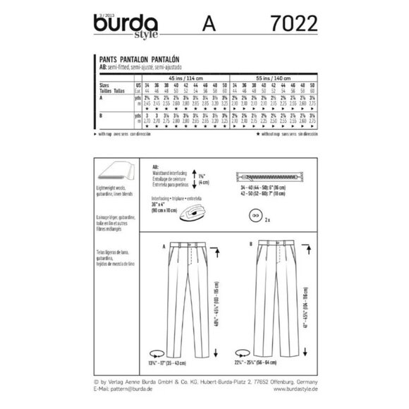 Burda Pattern 7022 Men’s Pants Trousers Mid Rise Semi Fitted Classic Sizes 34-50 - Picture 2 of 3